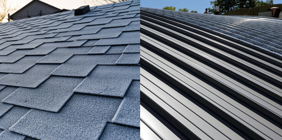 Comparison of asphalt and metal roofing materials for homes: costs, durability, and maintenance.